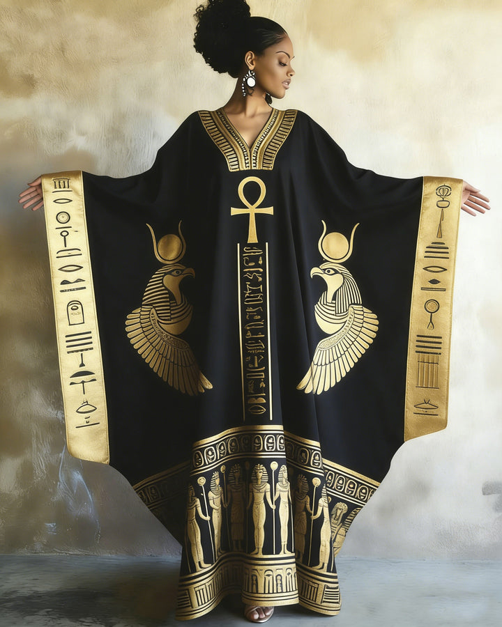 Gold Egyptian Totem Print V-neck Long Kaftan Dress