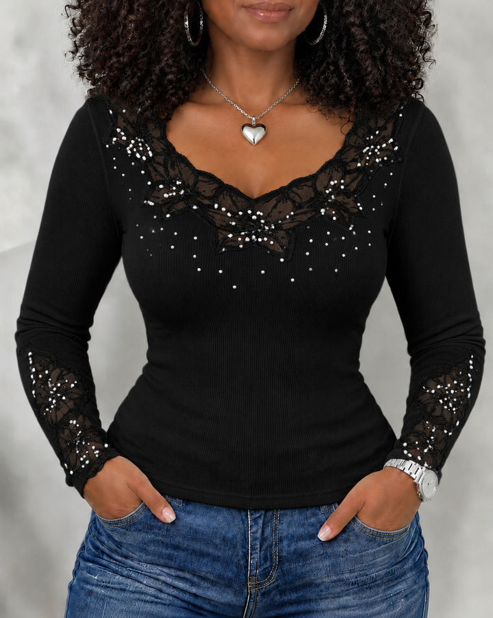 Women Lace V Neck Beaded Rhinestone Long Sleeve