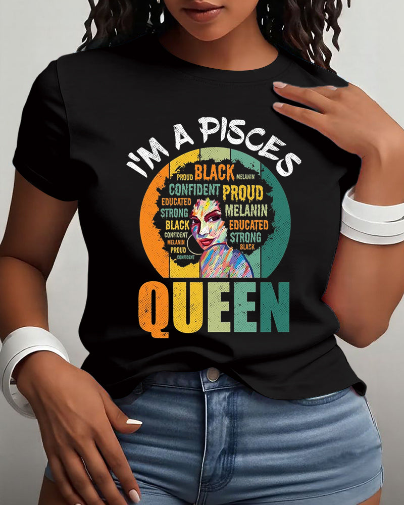 Pisces Afro Girl Queen Traits Astrological Zodiac Sign Print Cotton Short Sleeve T-Shirt