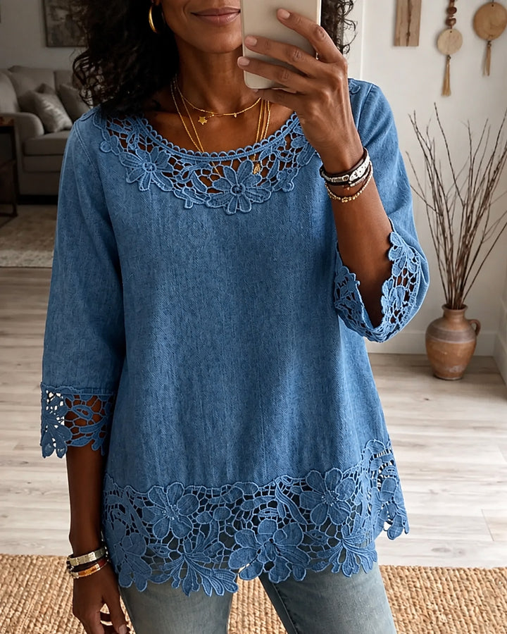 Women's Openwork Lace Denim Top
