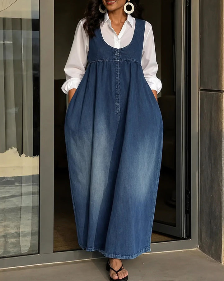 Stylish Sleeveless Loose-fitting Pocket Casual Denim Maxi Dress