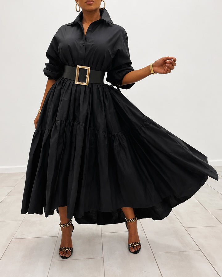 Collared Balloon Sleeve Tiered Ruffle Flowy Maxi Shirt Dress