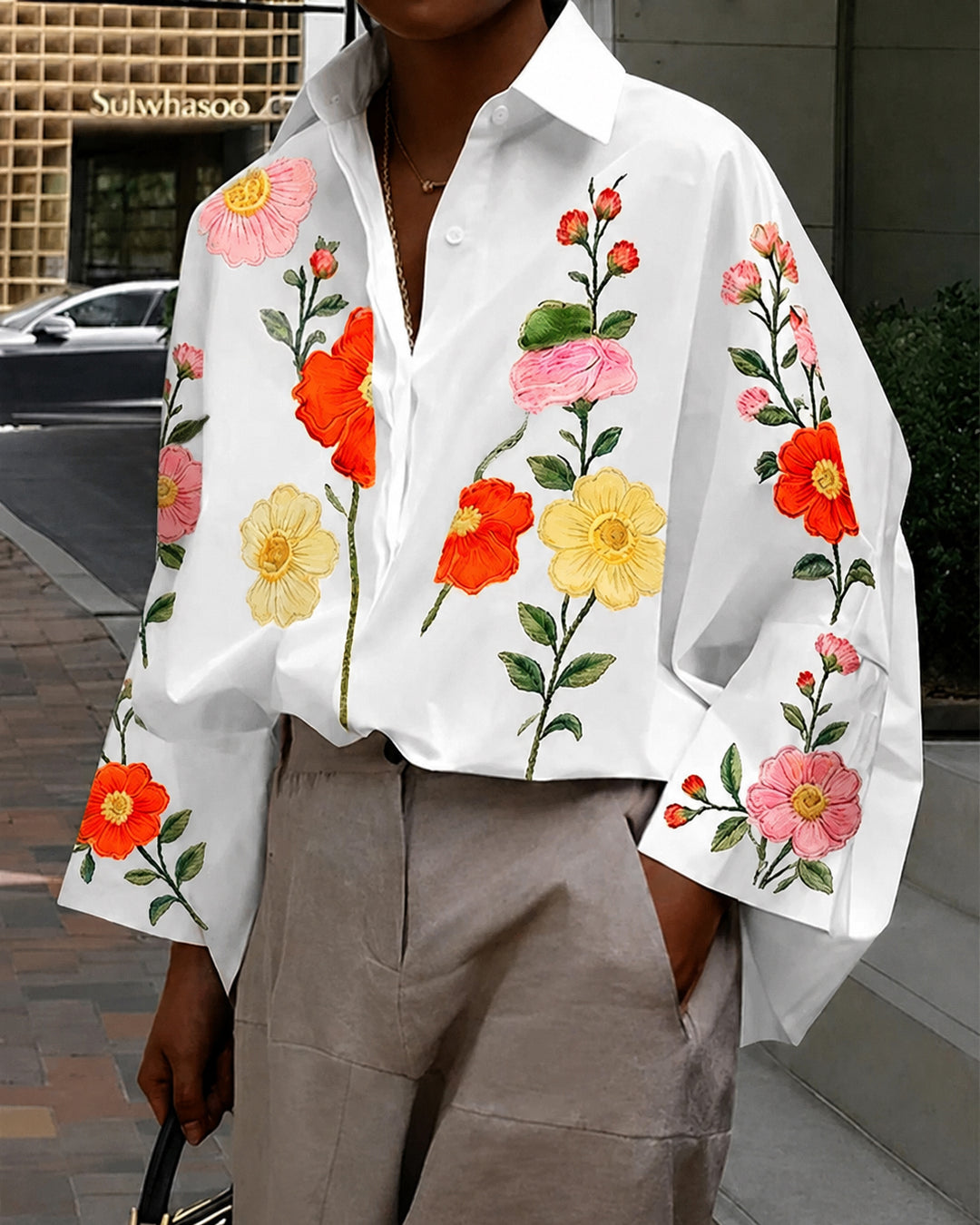 Bohemian Flowers Loose Long Sleeves Lapel Blouses&Shirts Tops
