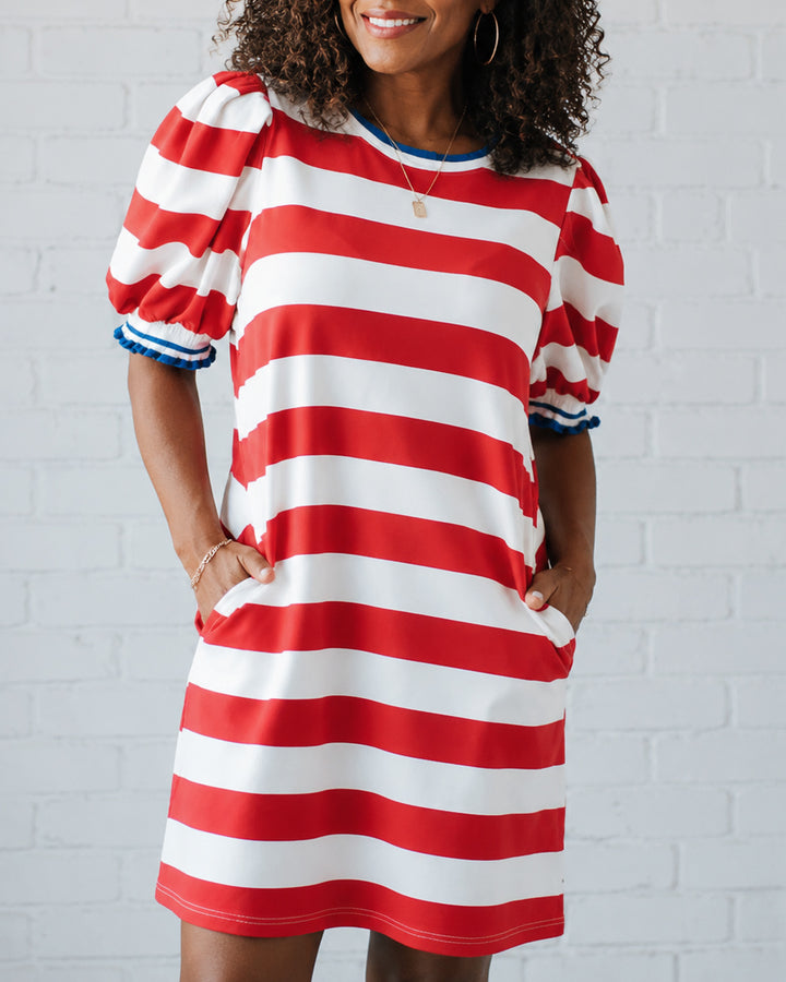 Round Neck Puff Sleeve Minimal Striped Casual Dress