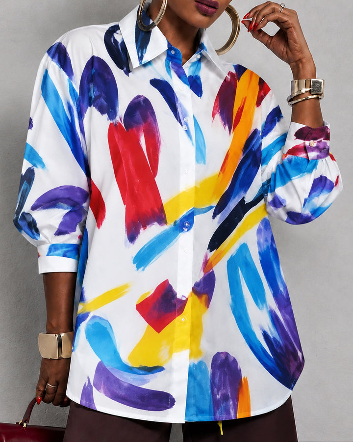 Abstract Oil Painting Prints Loose Three-Quarter Sleeves Buttoned Lapel Blouses&Shirts Tops