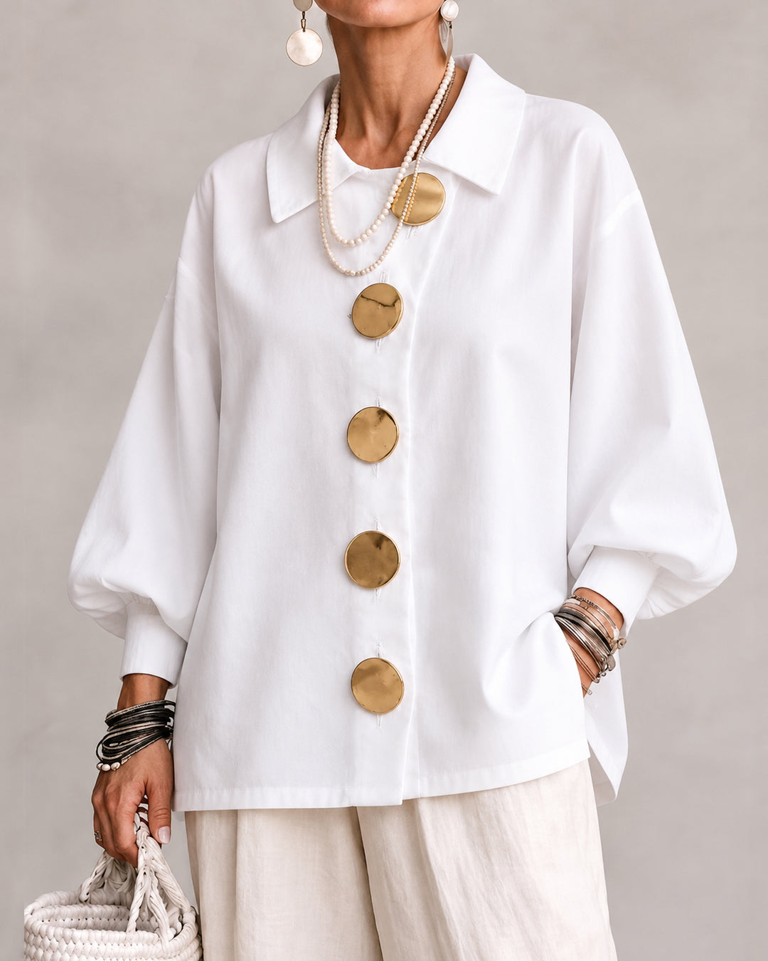 Women's Collared Shirt Oversized Balloon Long Sleeve Blouse with Large Decorative Buttons