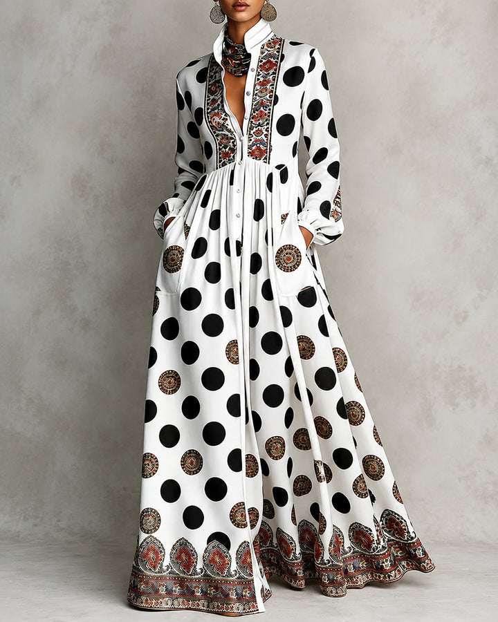 High Waisted Long Sleeves Big Hemline Buttoned Contrast Color Pleated Pockets Polka-Dot Stand Collar Maxi Dresses