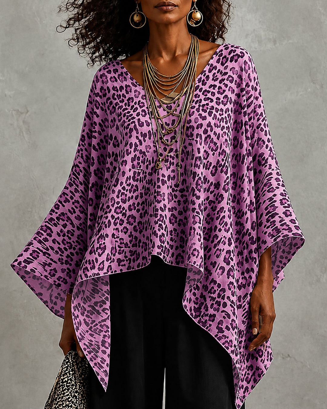 V-neck Irregular Leopard Print Batwing Sleeve Loose Top