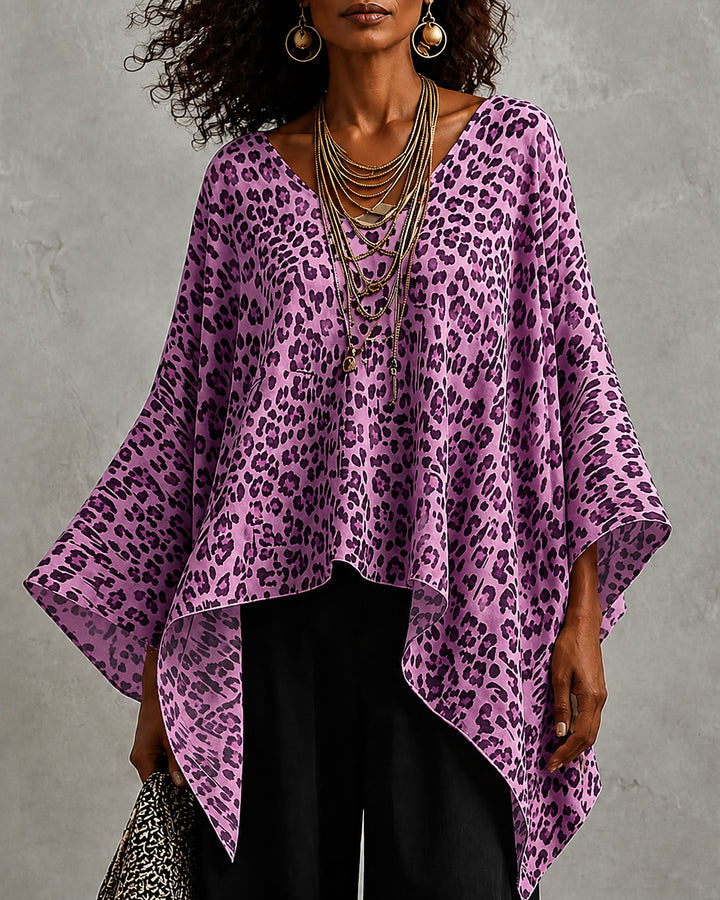 V-neck Irregular Leopard Print Batwing Sleeve Loose Top