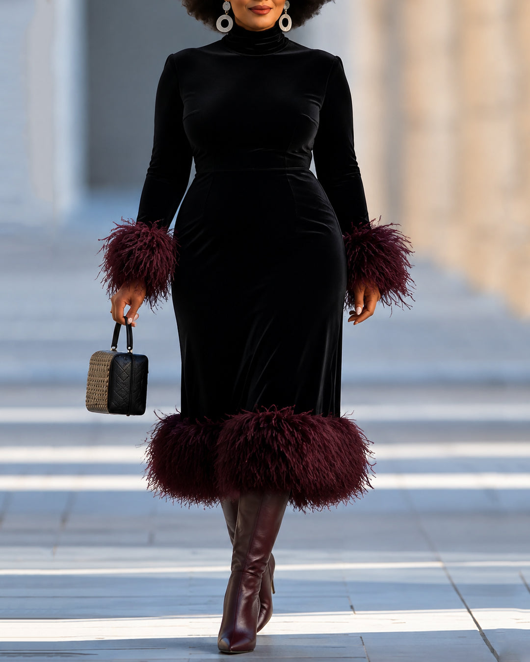 Velvet Turtleneck Midi Dress With Burgundy Feather Trim