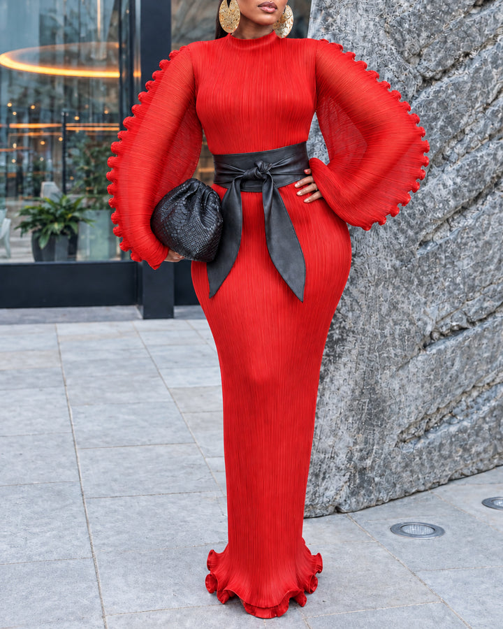 Women's Pleated Mock Neck Ruffled Puff Long Sleeve Mermaid Maxi Dress