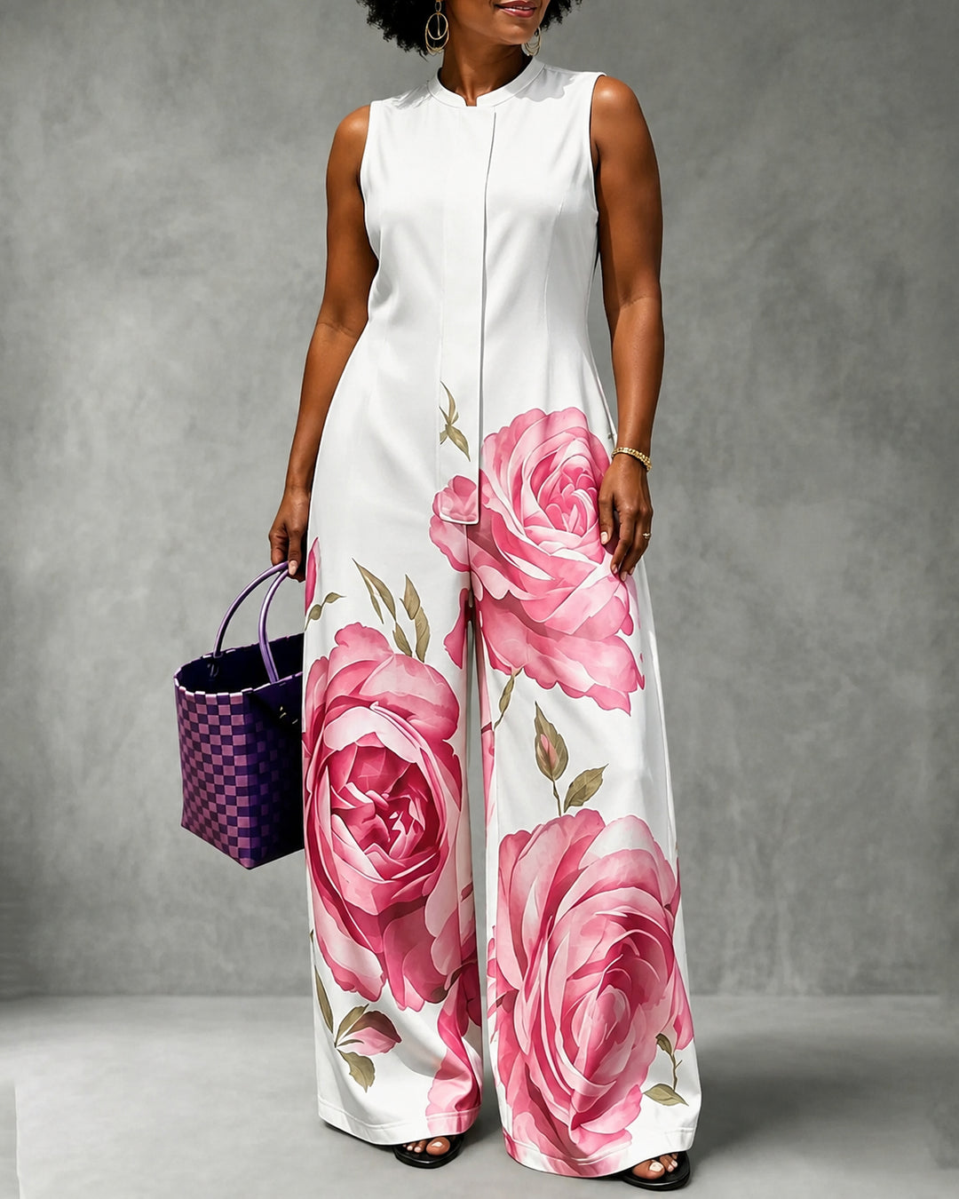 High Waisted Loose Flower Print Pleated Pockets Round-Neck Jumpsuits