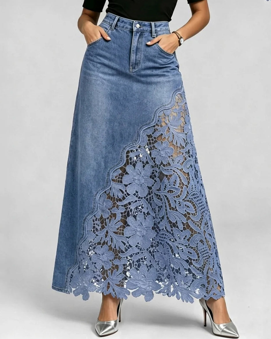 Elegant Lace-trimmed Denim Midi Skirt