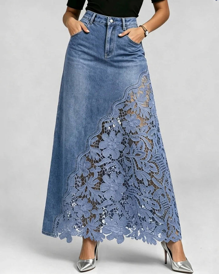Elegant Lace-trimmed Denim Midi Skirt