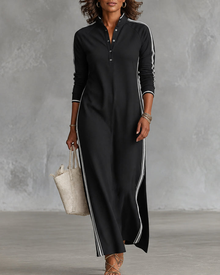 Stand-up Collar Button-down Long-sleeved Side Striped Dress
