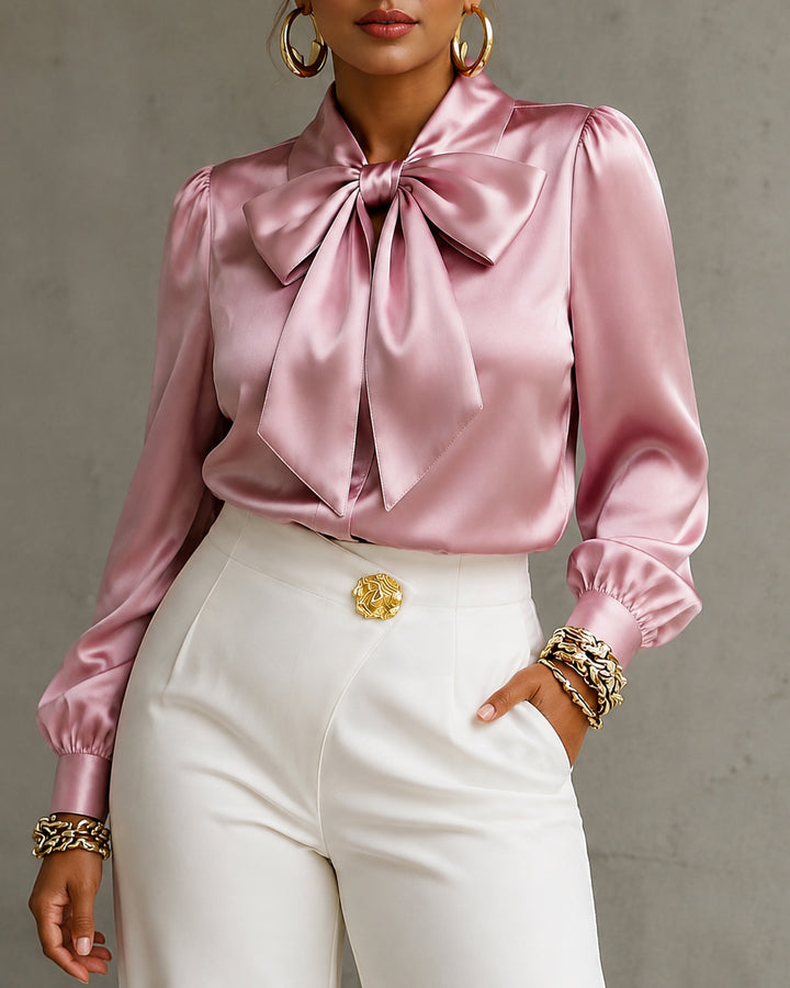 Elegant Satin Bow Collar Puff Sleeve Blouse