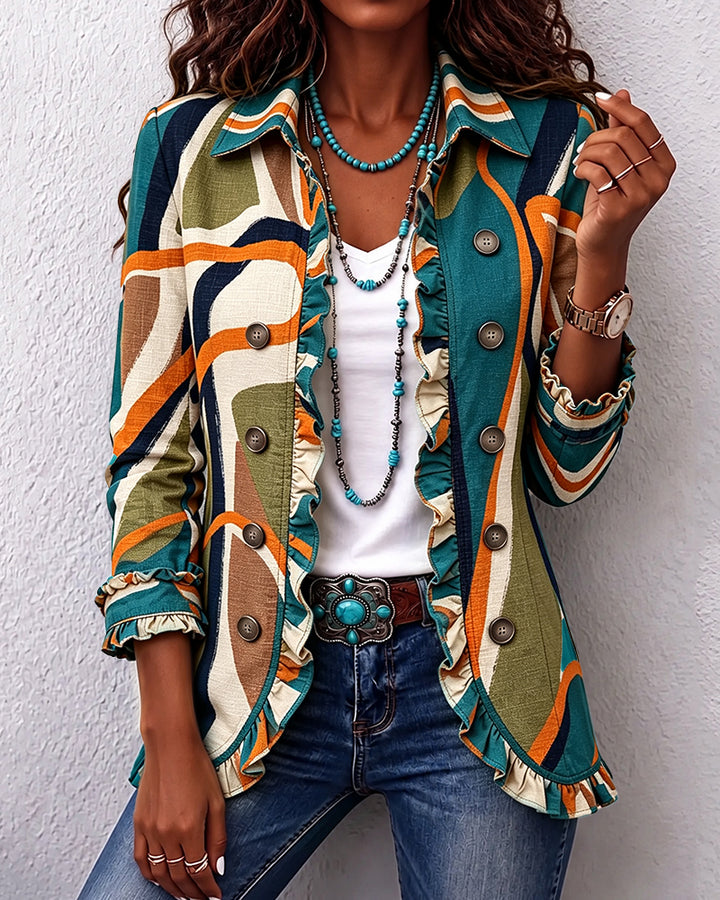 Abstract Geometric Stripe Art Linen Blend Ruffle Jacket