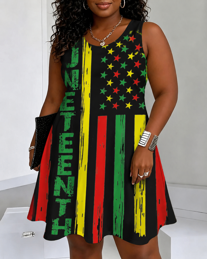 Juneteenth Flag Graffiti Print Round Neck Sleeveless Mini Casual Dress