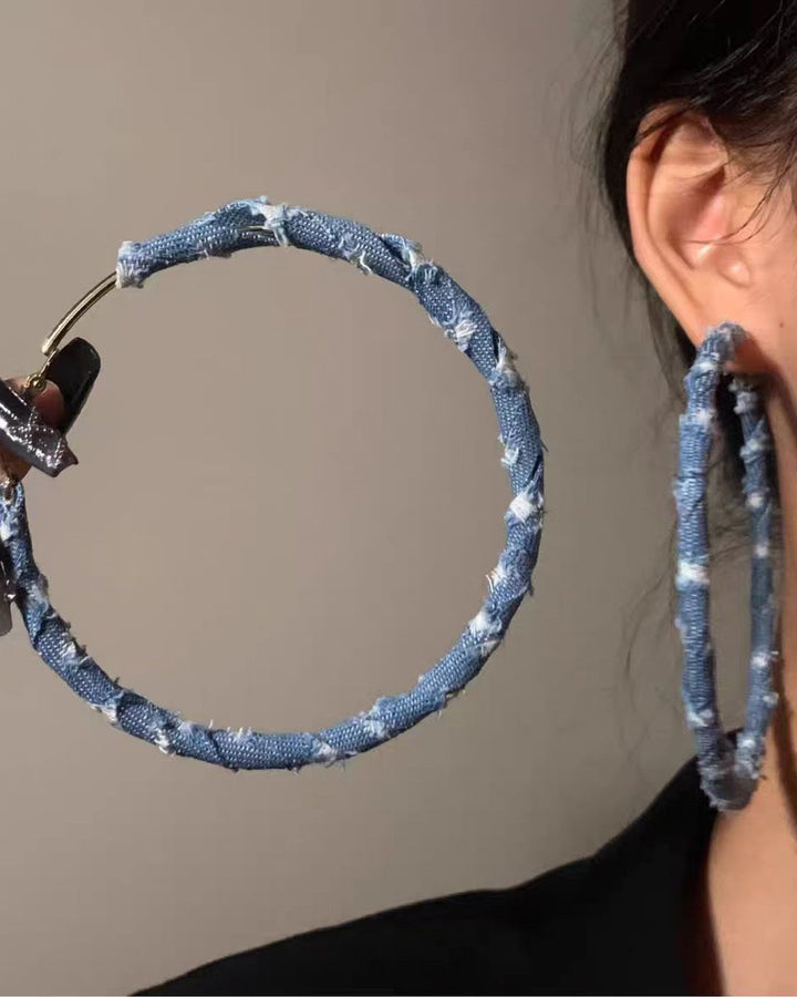 Vintage Distressed Denim Blue Large Circle Earrings