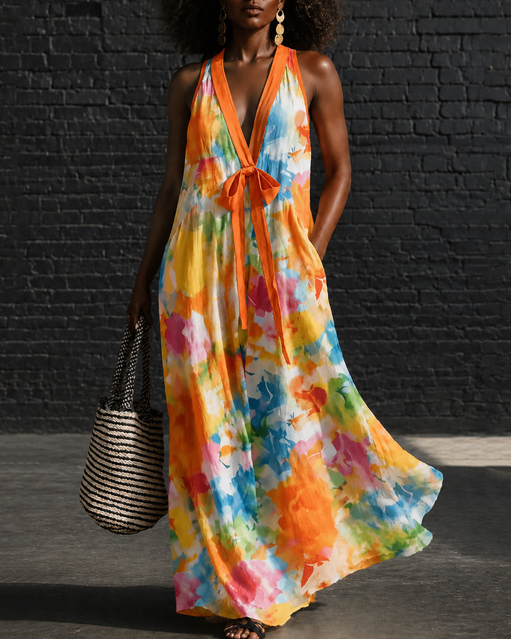Colorful Random Print Printing V-Neck Bow Tie Strap Flared Maxi Dress
