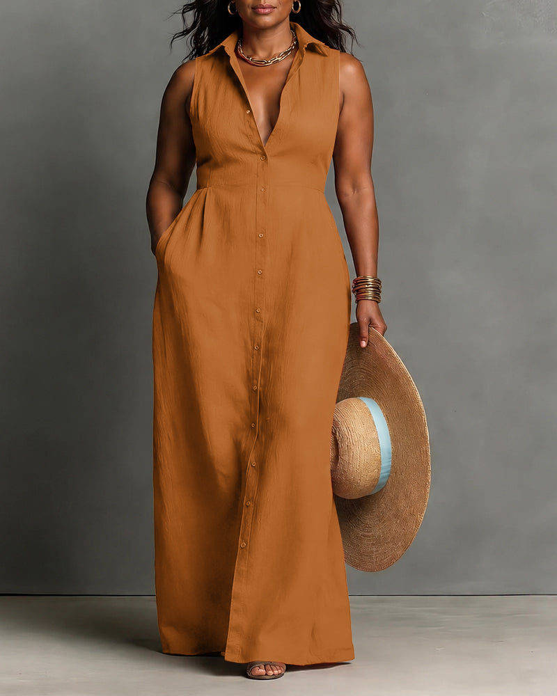 Collared Button-front Sleeveless Full Maxi Dress