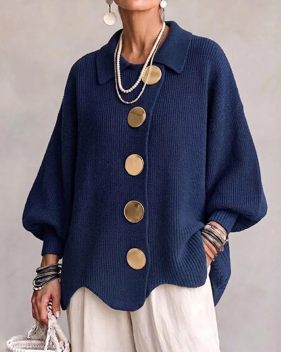 Oversized Collared Knit Cardigan With Large Metal Buttons