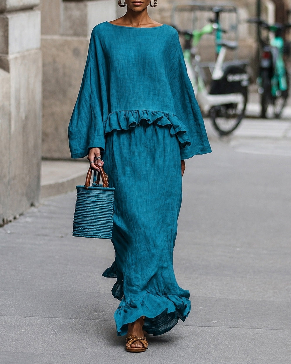 Linen‑Look Ruffle Two‑Piece Set, Boat Neck Bell Sleeve Top & Maxi Skirt