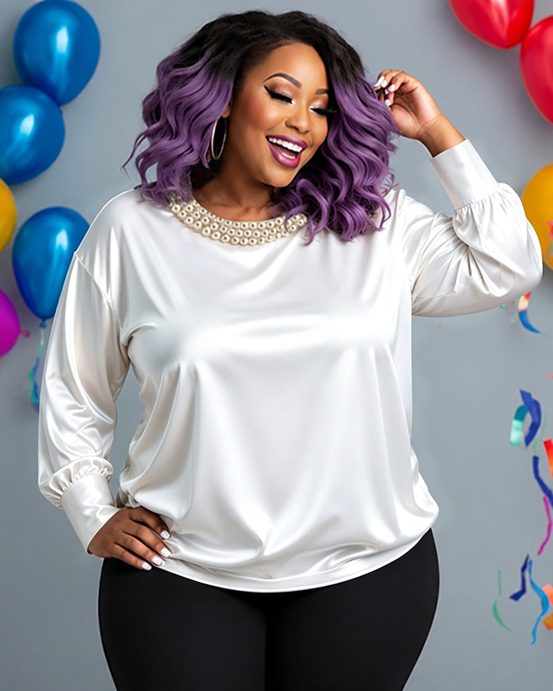 Pearl Collar Satin Blouse Top