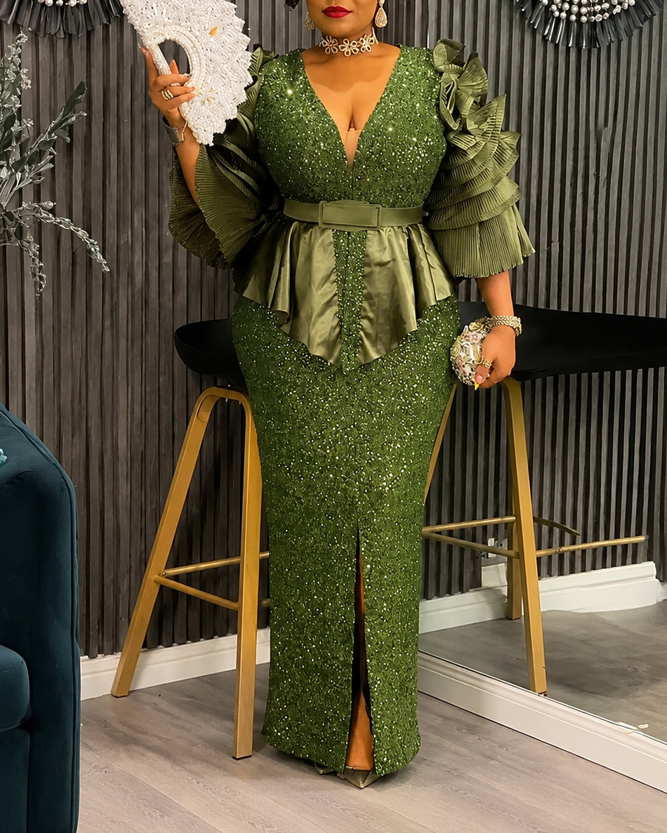 Plus Size Sequin Deep V Multi‑Layer Ruffle Sleeve Peplum Slit Maxi Evening Gown