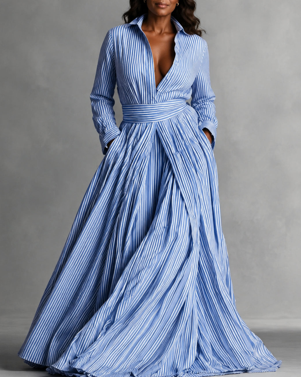 Collared Long Sleeve Blue White Striped Shirt Maxi Dress