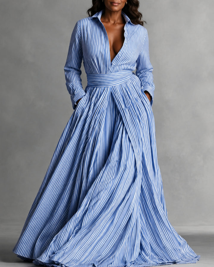 Collared Long Sleeve Blue White Striped Shirt Maxi Dress