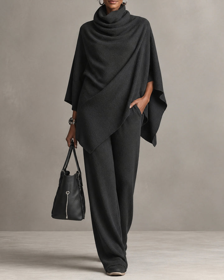 Cowl Neck Asymmetric Draped Poncho Top and Wide Leg Pants