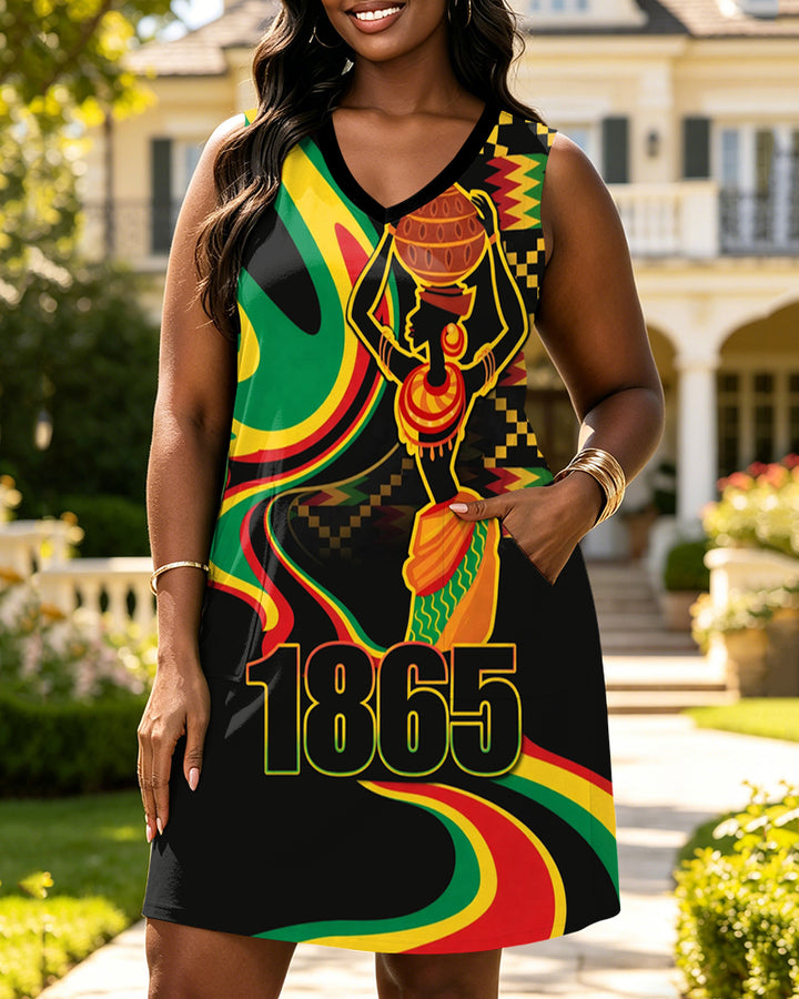 Ankara Pattern Splicing Print V-neck Mini Dress With Pocket