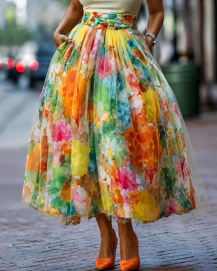 Watercolor Floral Print Tulle High Waist A‑Line Midi Skirt With Pockets