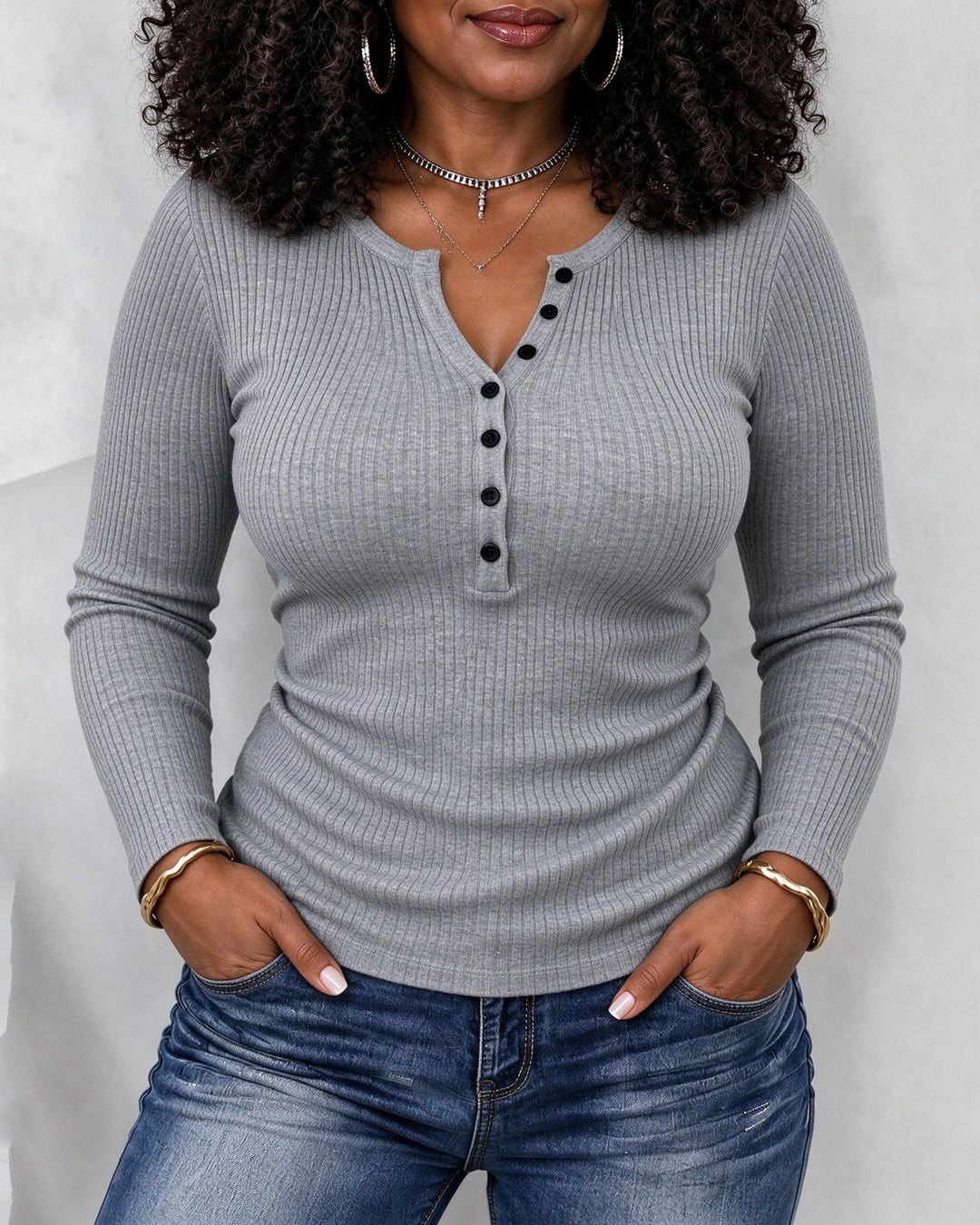 Women's Ribbed Long Sleeve Henley Top