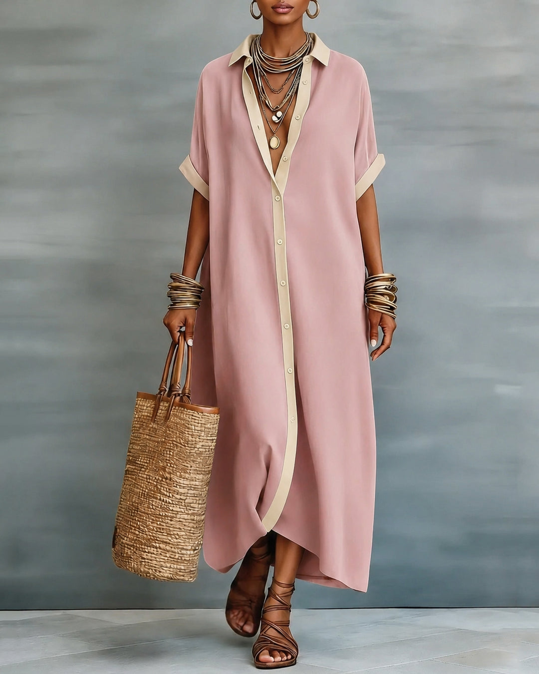 Button-down Collar Striped Color-blocked Cotton Linen Shirt Dress