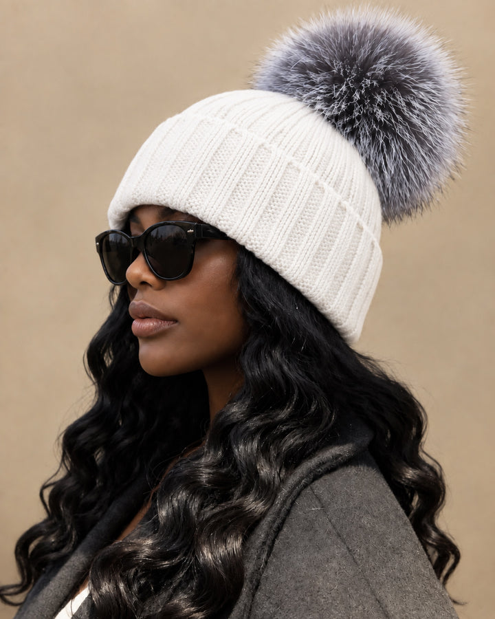 Women Ribbed Knit Beanie Hat with Large Faux Fur Pom Pom