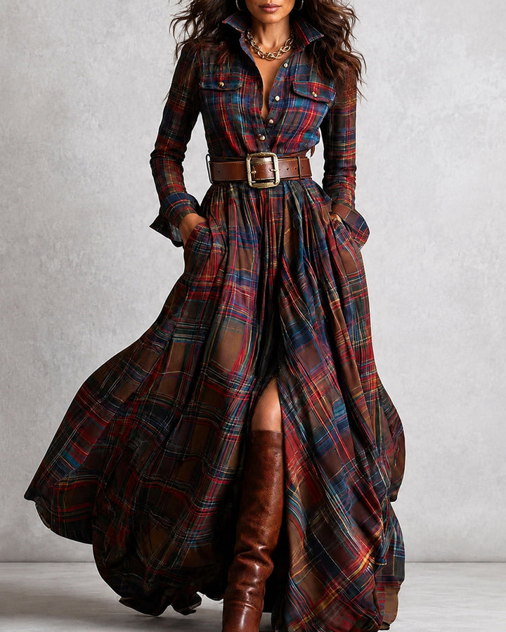 Classic Plaid Button Down Collared Long Sleeve Swing Dress