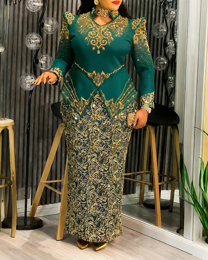 Plus Size Emerald Green Gold Embroidered Maxi Formal Gown