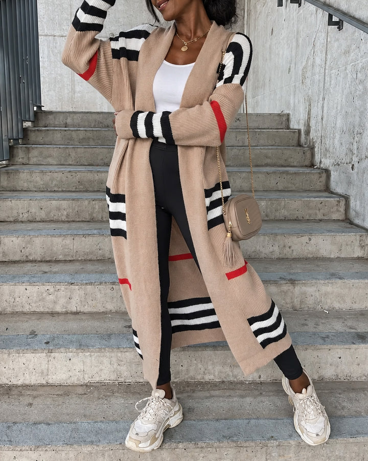 Color Block Striped Open Front Long Knit Cardigan