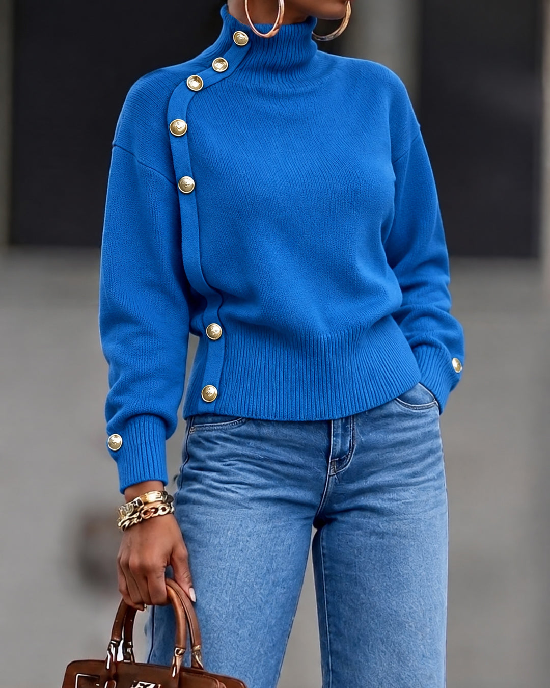 Women's Turtleneck Long Sleeve Asymmetrical Gold Button Knit Sweater