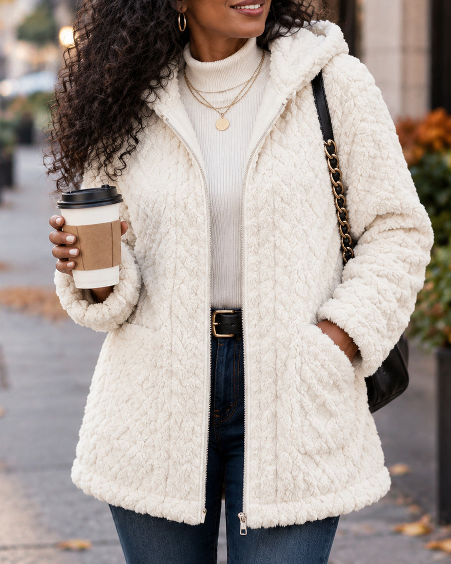 Women's Hooded Sherpa Fleece Full Zip Cable Textured Jacket