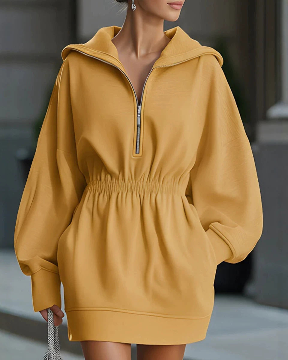 Half-Zip Hooded Waist Cinched Oversized Long Sleeve Mini Sweatshirt Dress