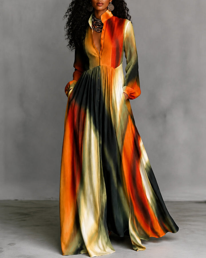 Gradient Color Stripes Long Sleeves Buttoned Pleated Pockets Maxi Dresses Shirt Dress
