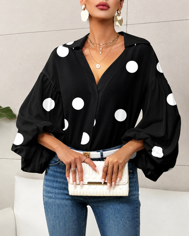Collared V‑Neck Balloon Long Sleeve Blouse