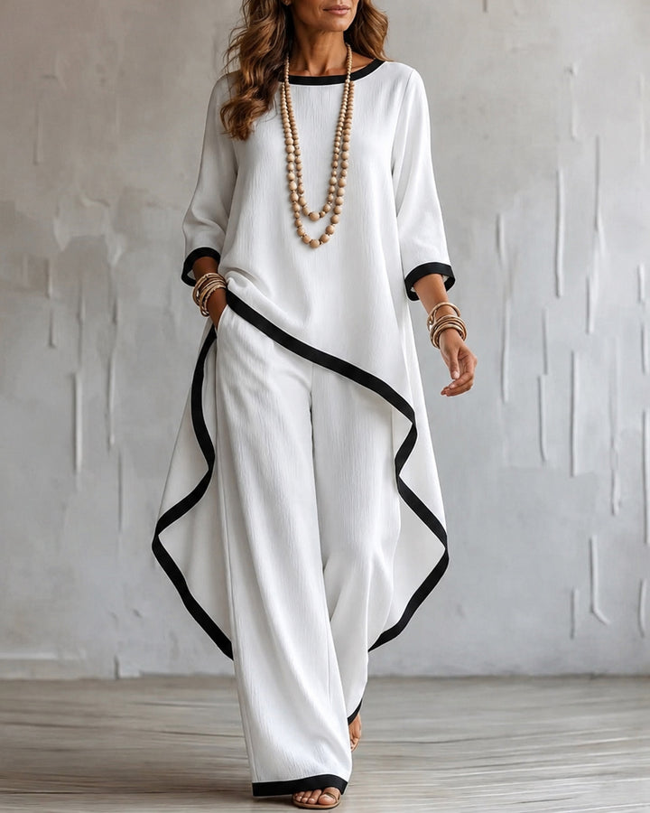 Loose Round-neck High-low Asymmetric Blouses&shirts Tops + Pockets Pants Trousers Two Pieces Set
