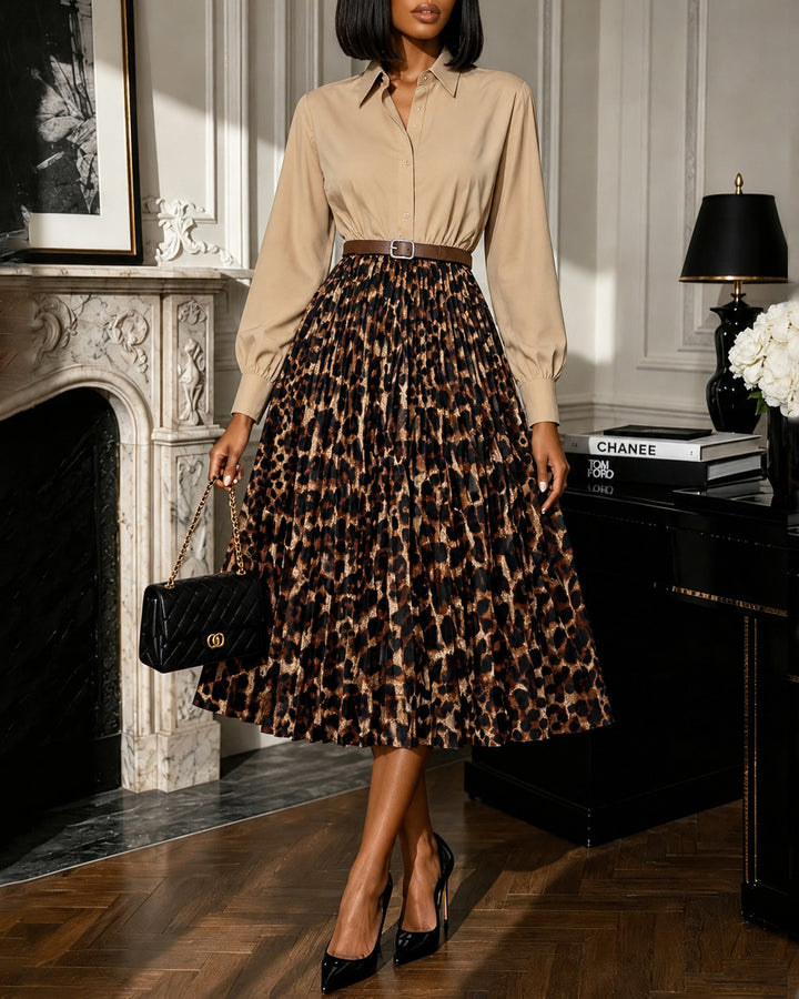 Leopard-print Long Sleeve Button Down Panel Pleated Midi Dress