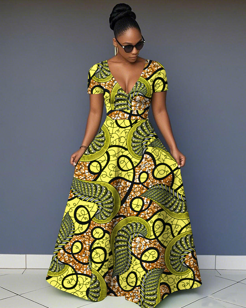 V-Neck Ankara Geometric Art Short-Sleeved Maxi Dress