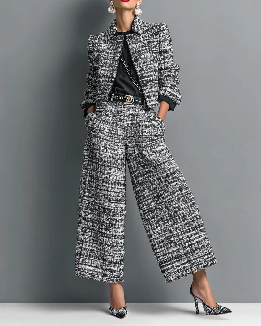 Women Tweed Lapel Long Sleeve Cropped Jacket & High Waist Wide Leg Pants 2 Piece Outfit Set