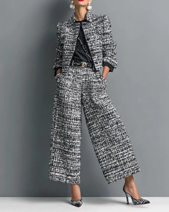 Women Tweed Lapel Long Sleeve Cropped Jacket & High Waist Wide Leg Pants 2 Piece Outfit Set